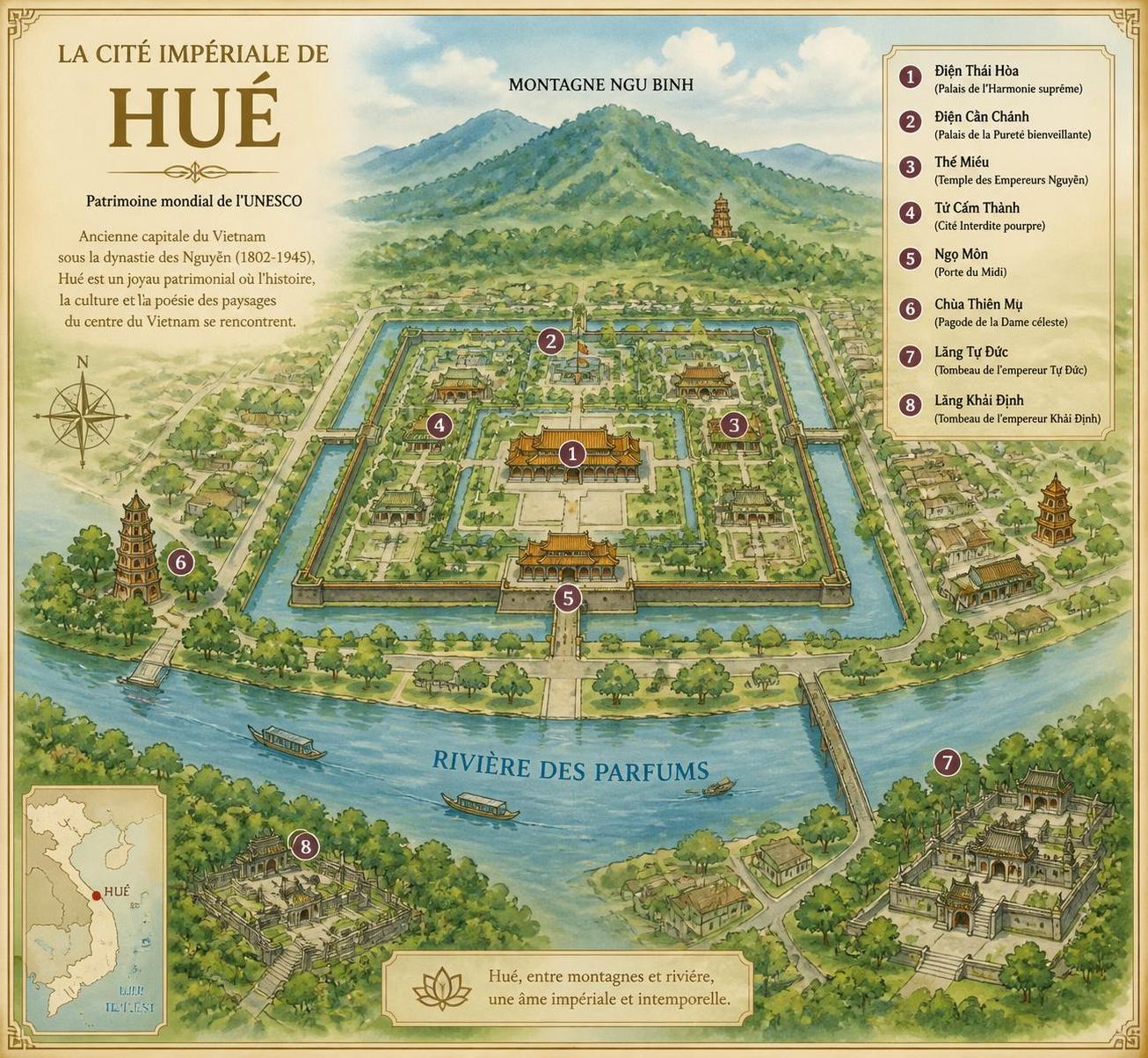 dĂ©couvrez la citĂ© impĂ©riale de huáșż, un hĂ©ritage millĂ©naire des nguyen, symbole historique et culturel du vietnam, entre palais majestueux et traditions ancestrales.