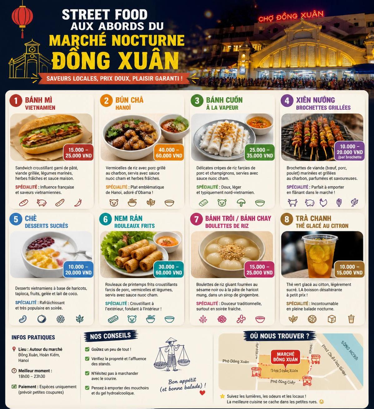 dĂ©couvrez le guide complet du marchĂ© nocturne de Äá»ng xuĂąn Ă hanoi, oĂč la street food vietnamienne authentique vous attend dans une ambiance animĂ©e et conviviale.