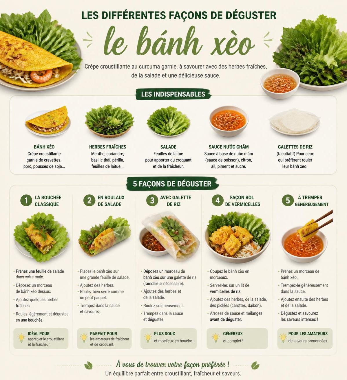 découvrez le bánh xèo, la crêpe croustillante typique du centre, savoureuse et garnie, à déguster avec les mains accompagnée d'herbes fraîches pour une expérience authentique.