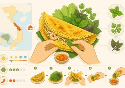 découvrez le bánh xèo, la crêpe vietnamienne croustillante du centre, savoureuse et se dégustant avec les mains accompagnée d'herbes fraîches pour une expérience authentique.