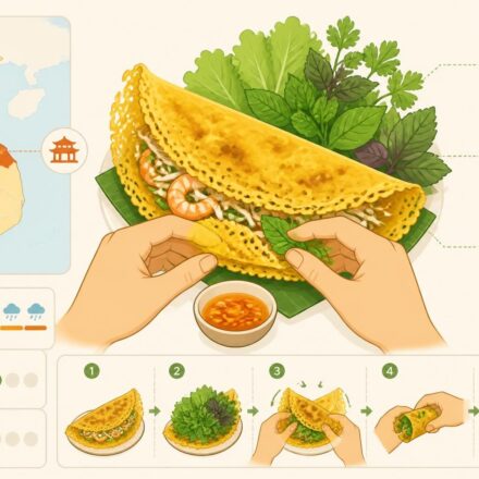 découvrez le bánh xèo, la crêpe vietnamienne croustillante du centre, savoureuse et se dégustant avec les mains accompagnée d'herbes fraîches pour une expérience authentique.