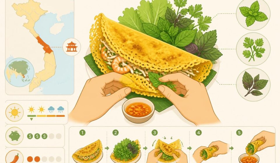 découvrez le bánh xèo, la crêpe vietnamienne croustillante du centre, savoureuse et se dégustant avec les mains accompagnée d'herbes fraîches pour une expérience authentique.