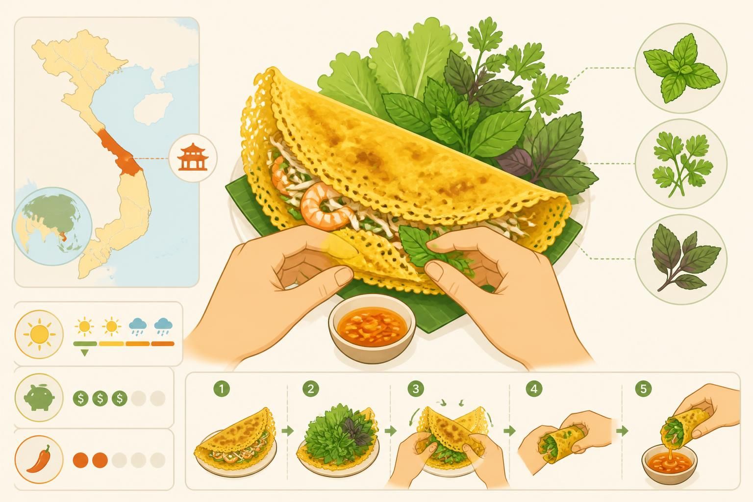 découvrez le bánh xèo, la crêpe vietnamienne croustillante du centre, savoureuse et se dégustant avec les mains accompagnée d'herbes fraîches pour une expérience authentique.