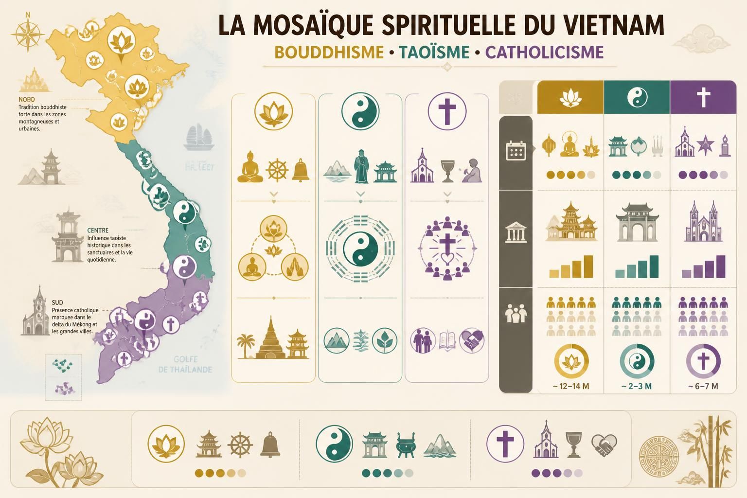 découvrez la richesse spirituelle du vietnam à travers le bouddhisme, le taoïsme et le catholicisme, une mosaïque de traditions et de croyances qui façonnent la culture vietnamienne.
