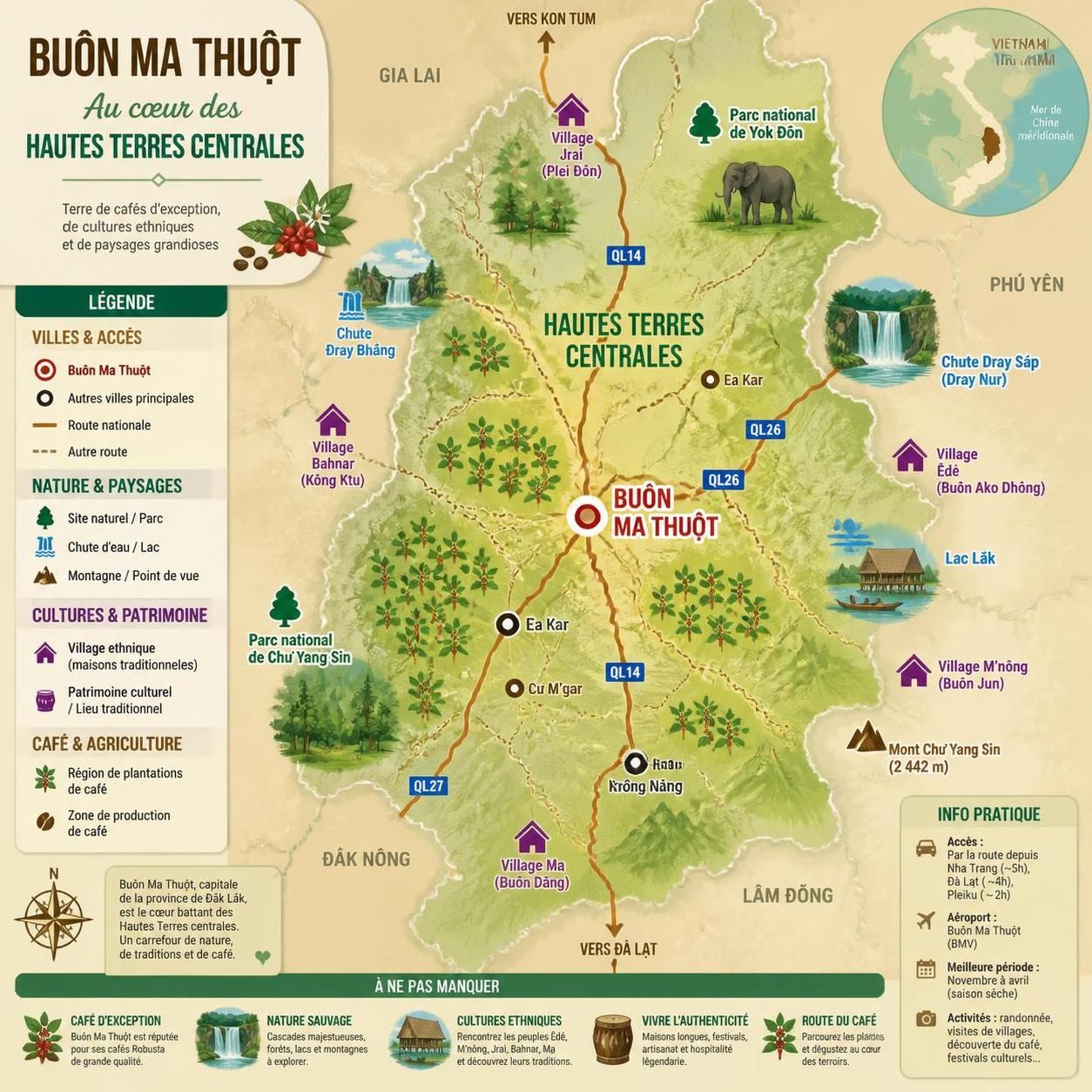 découvrez buôn ma thuột et les hautes terres centrales du vietnam, une région authentique et méconnue souvent oubliée des circuits touristiques traditionnels, riche en culture et paysages fascinants.