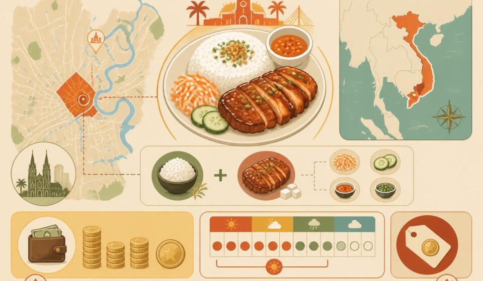 découvrez cơm tấm, le plat emblématique de saïgon composé de riz brisé et de côtelette caramélisée, savouré pour seulement 30 000 đồng.