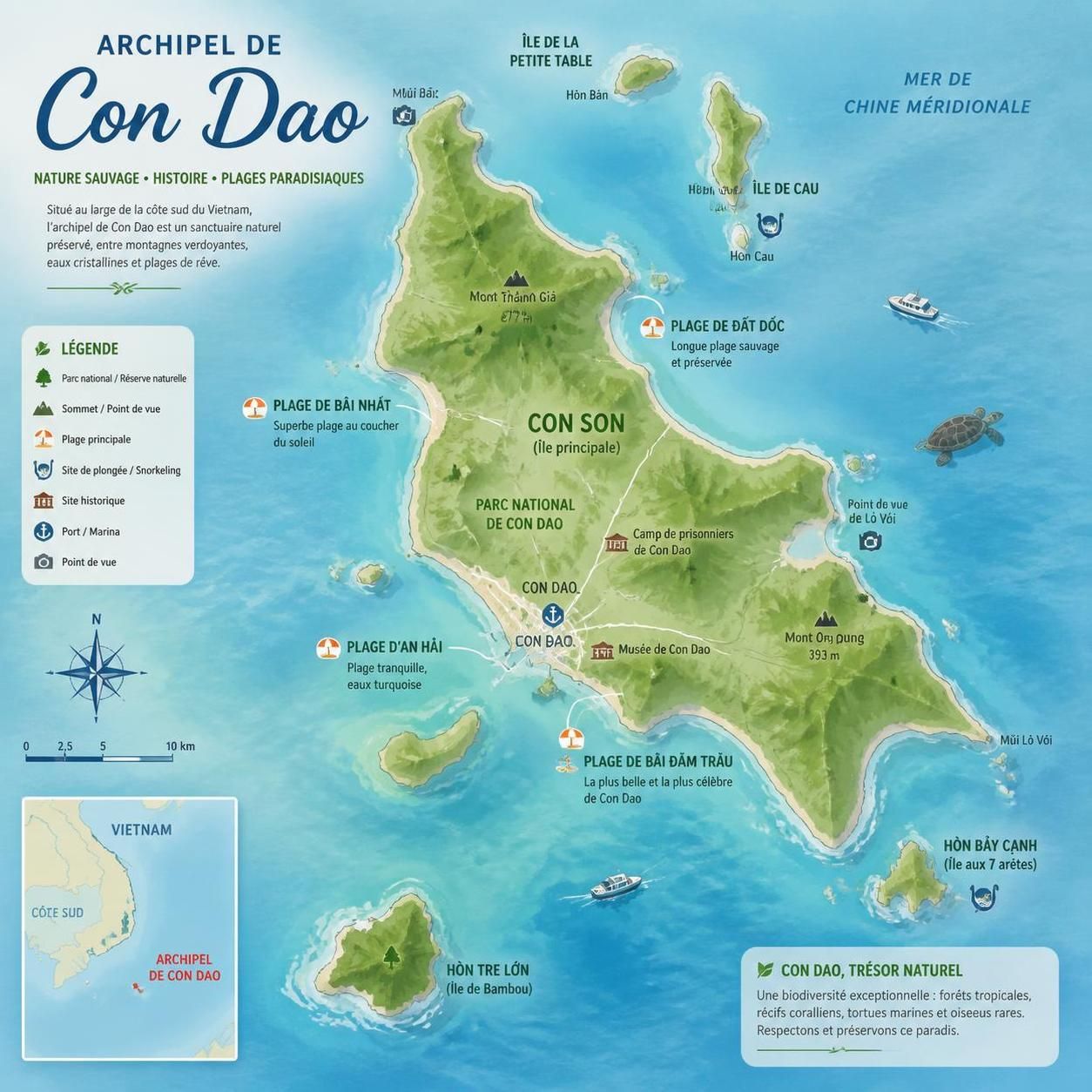 dĂ©couvrez con dao, l'Ăźle la plus sauvage du vietnam, un paradis naturel prĂ©servĂ© offrant plages immaculĂ©es, forĂȘts luxuriantes et une biodiversitĂ© exceptionnelle.
