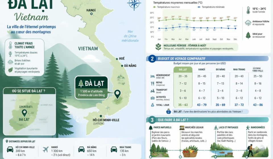 découvrez da lat, la ville éternellement fraîche du vietnam, grâce à notre guide sans filtre. explorez ses paysages uniques, son climat agréable et ses trésors cachés pour un voyage inoubliable.