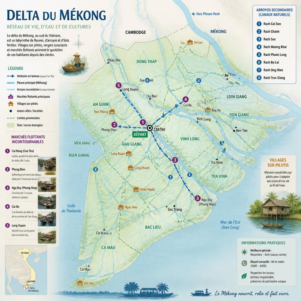découvrez le delta du mékong en bateau lors d'une journée inoubliable sur les canaux pittoresques depuis can tho. explorez les marchés flottants, la vie locale et la nature magnifique.