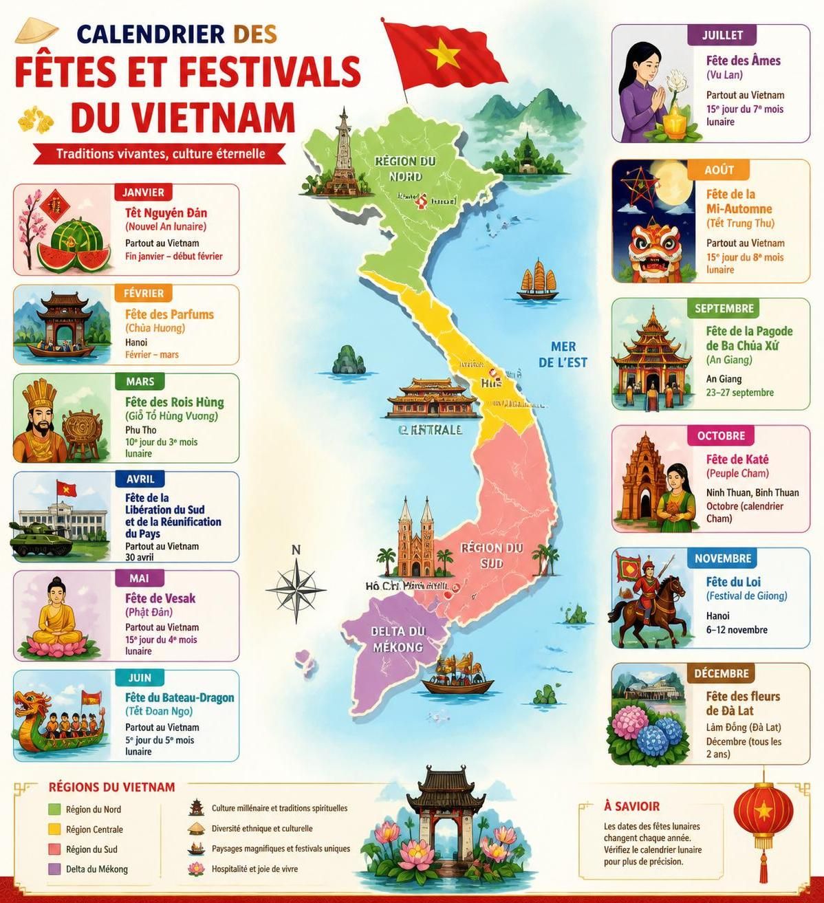 découvrez le calendrier complet des fêtes et festivals du vietnam, mois par mois, pour ne rien manquer des traditions et célébrations culturelles tout au long de l'année.