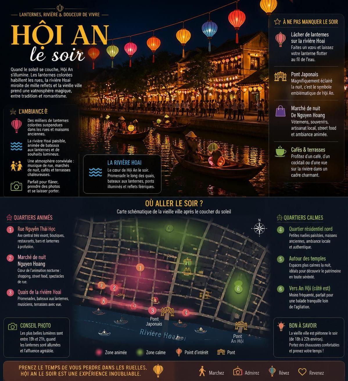 découvrez hội an après le coucher du soleil, lorsque la ville révèle ses trésors cachés et son ambiance magique, loin de la foule touristique.