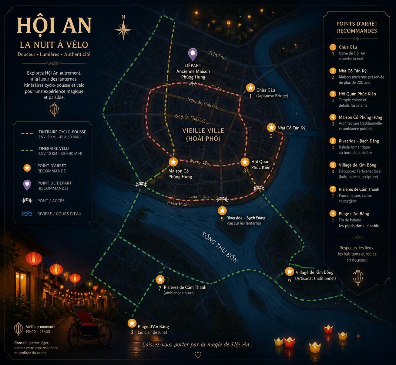 découvrez hội an après le coucher du soleil : explorez l'atmosphère paisible et authentique de la ville lorsque les touristes rentrent à l'hôtel, révélant un visage secret et enchanteur.