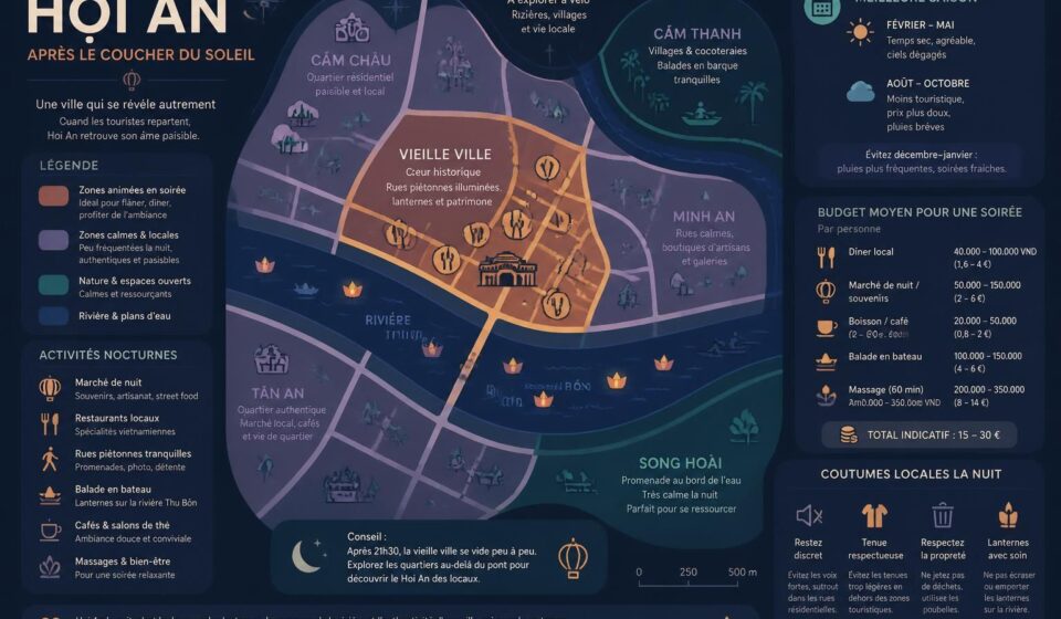 découvrez hội an après le coucher du soleil : explorez une ville paisible où l'ambiance change lorsque les touristes rentrent à l'hôtel, révélant ses secrets nocturnes et son charme authentique.