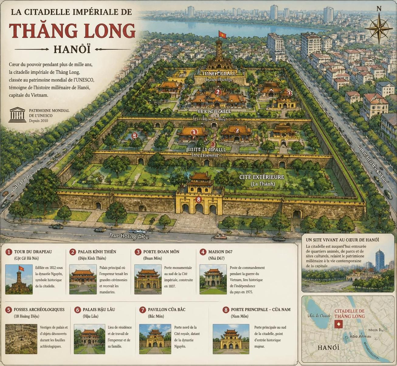 découvrez la citadelle impériale de thăng long à hanoï, un site historique majeur qui révèle 1000 ans d'histoire fascinante enfouie sous les rues animées de la vieille ville.