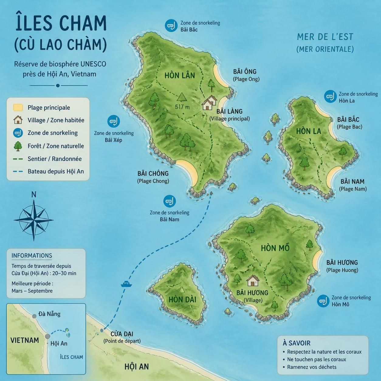 découvrez les îles cham (cù lao chàm), situées à 15 km de hội an, idéales pour le snorkeling et l'exploration d'une biodiversité marine exceptionnelle.