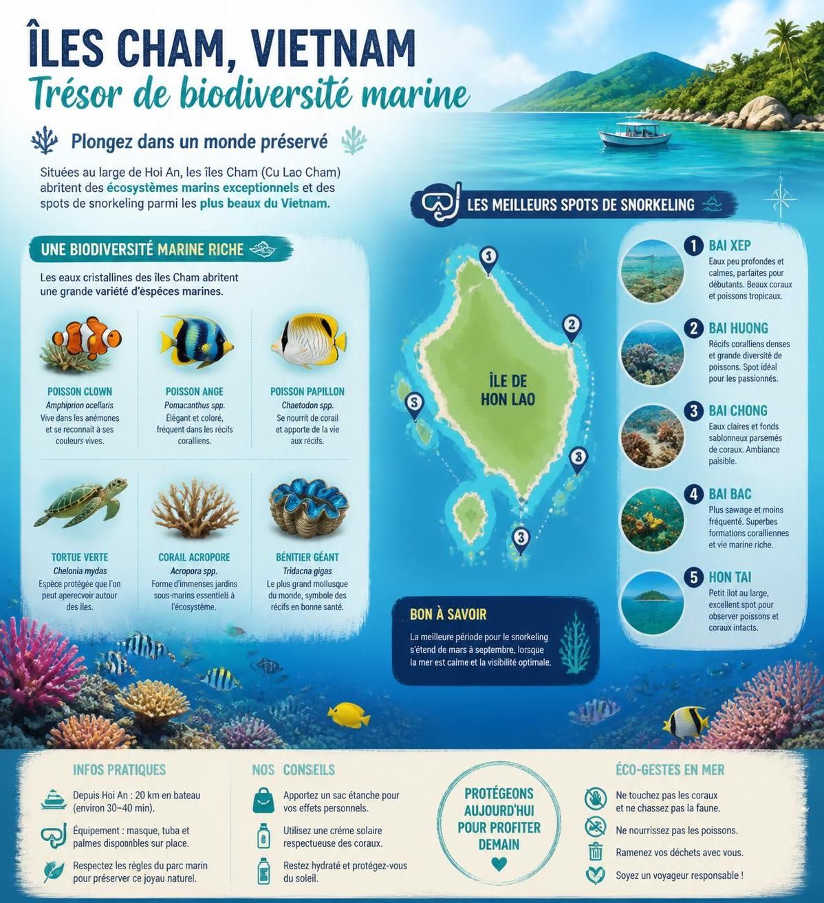 découvrez les îles cham (cù lao chàm) à 15 km de hội an, un paradis pour le snorkeling avec une biodiversité marine exceptionnelle et des paysages naturels préservés.