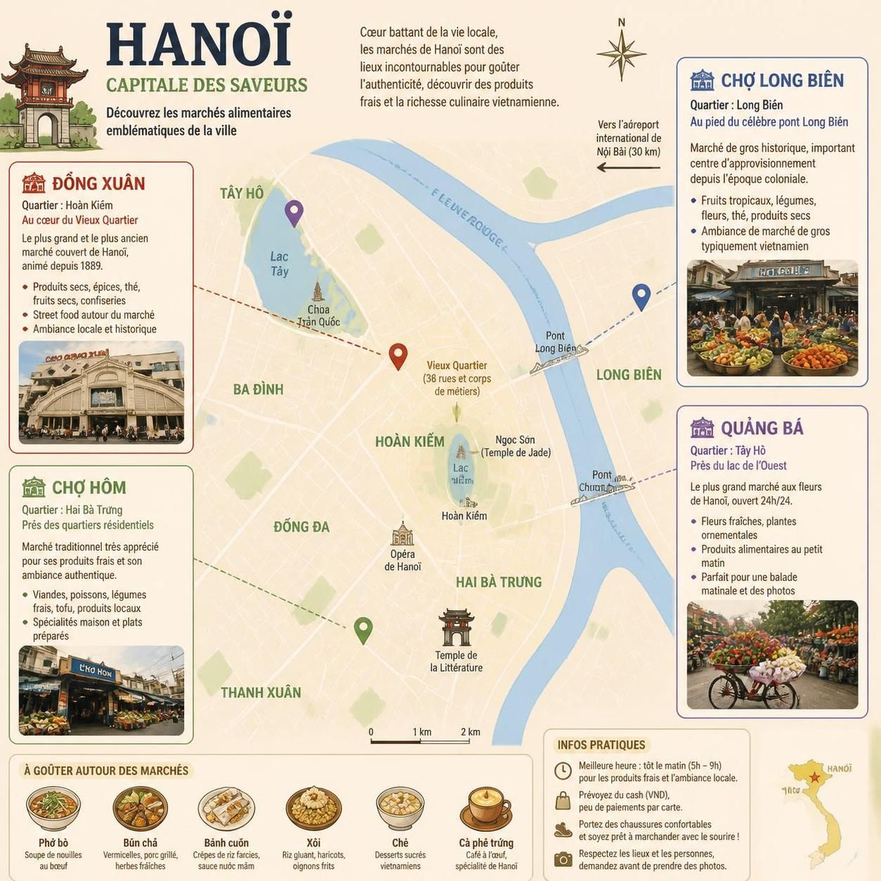 découvrez les marchés alimentaires emblématiques du vietnam : bến thành à hô chi minh, đồng xuân à hanoï, et les marchés flottants typiques du delta du mékong, pour une immersion culinaire authentique.