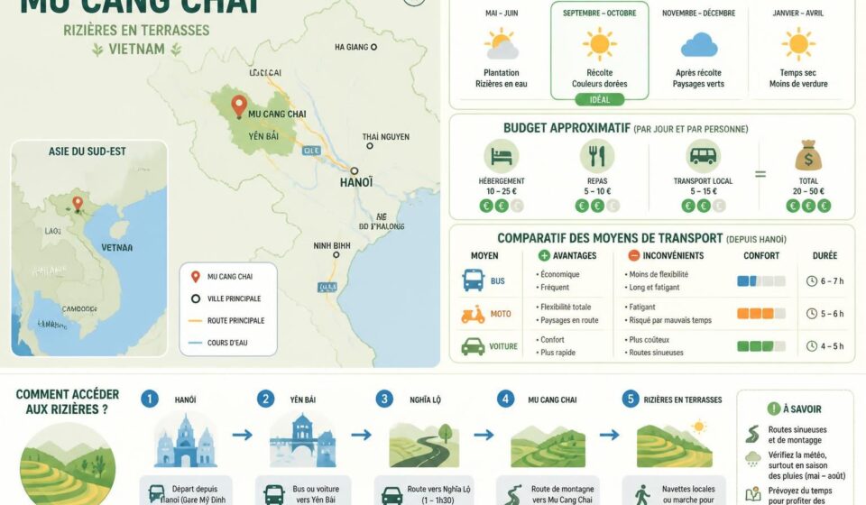 découvrez mu cang chai et ses rizières en terrasses spectaculaires. guide pratique pour visiter ce site naturel exceptionnel et savoir comment s'y rendre facilement.