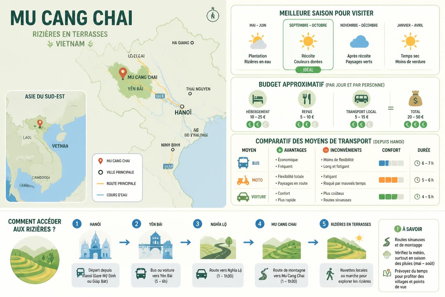 découvrez mu cang chai et ses rizières en terrasses spectaculaires. guide pratique pour visiter ce site naturel exceptionnel et savoir comment s'y rendre facilement.