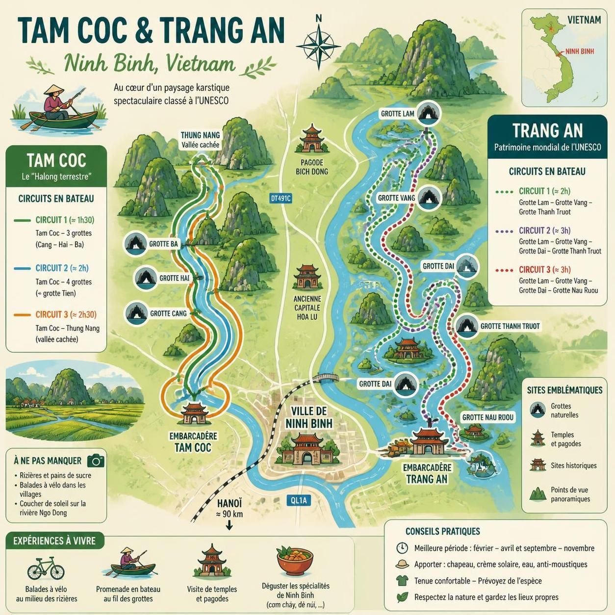 découvrez comment choisir entre tam coc et trang an, les deux merveilles naturelles surnommées "ha long terrestres" de ninh binh, pour une expérience inoubliable au cœur du vietnam.