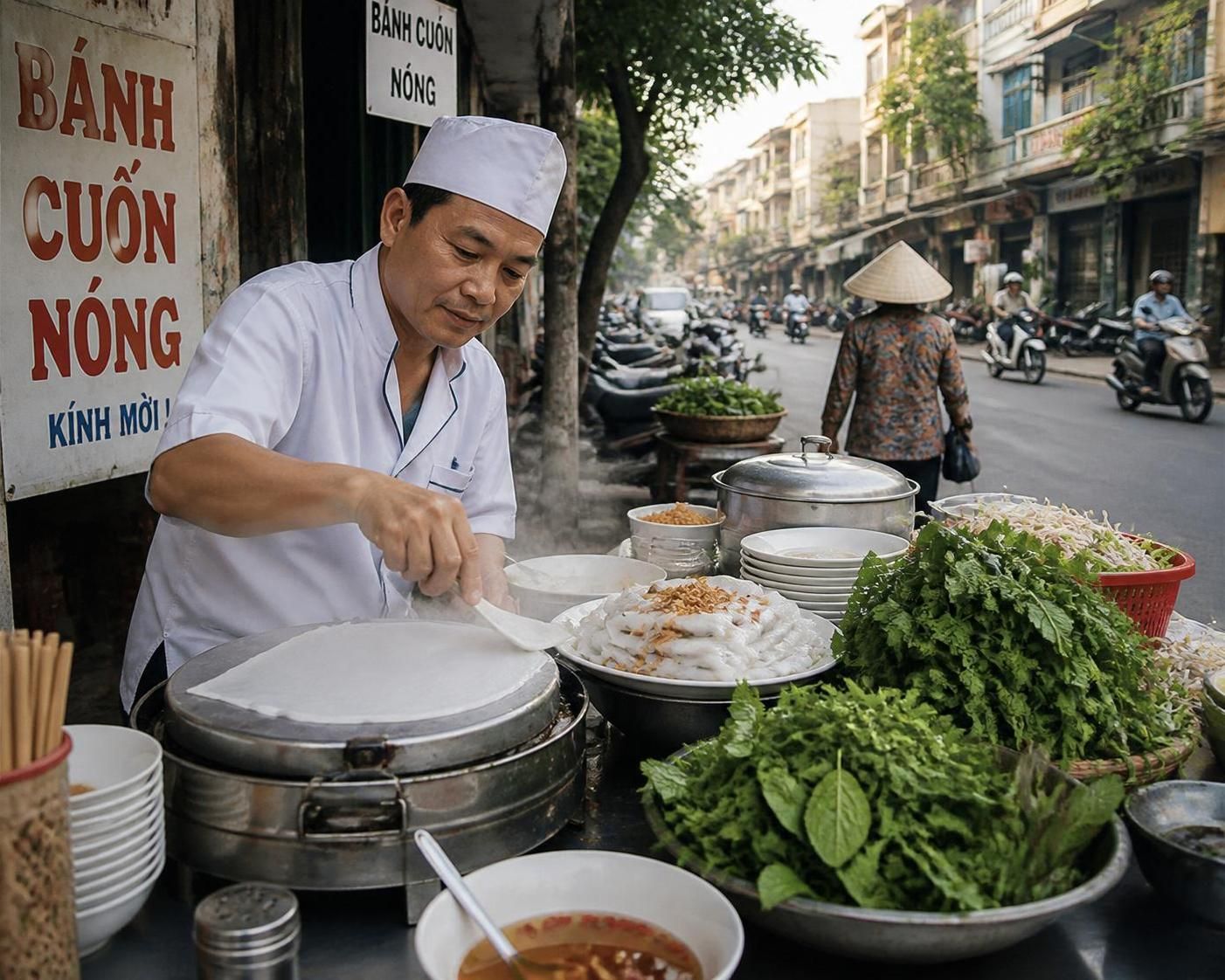 découvrez le bánh cuốn, ces délicieuses galettes de riz vapeur farcies, spécialité incontournable du petit déjeuner dans les rues animées de hanoï.