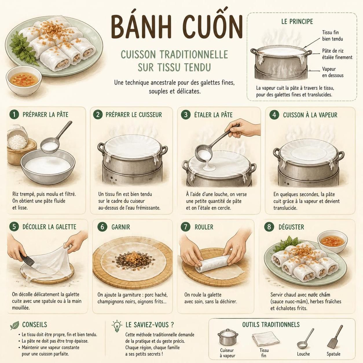 découvrez les bánh cuốn, ces galettes de riz vapeur farcies, un incontournable du petit déjeuner de rue à hanoï, alliant fraîcheur et saveurs traditionnelles vietnamiennes.