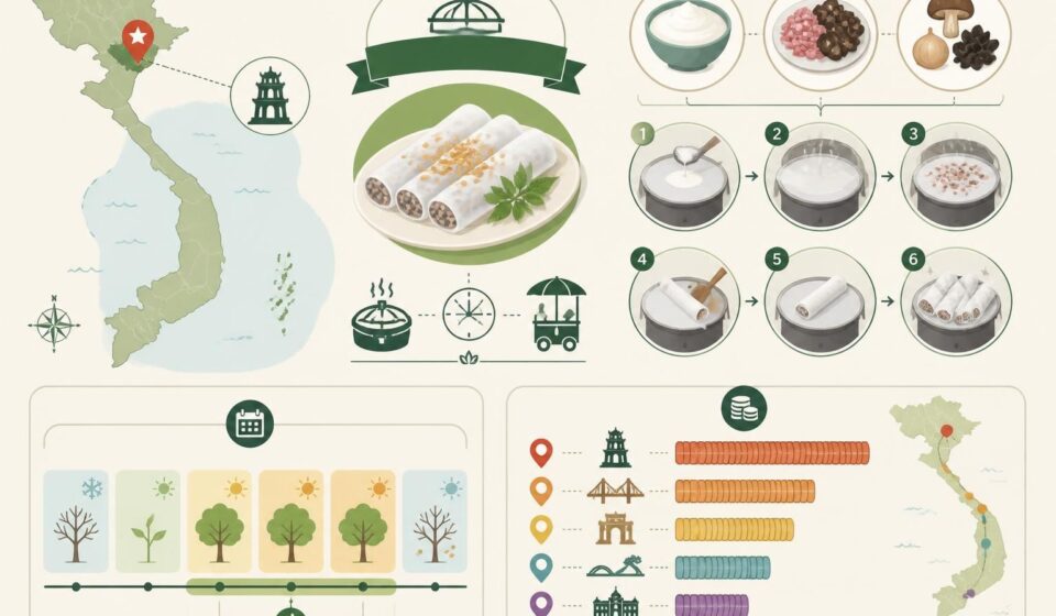 découvrez bánh cuốn, les savoureuses galettes de riz vapeur farcies, un incontournable du petit déjeuner de rue à hanoï, pour une expérience culinaire authentique.