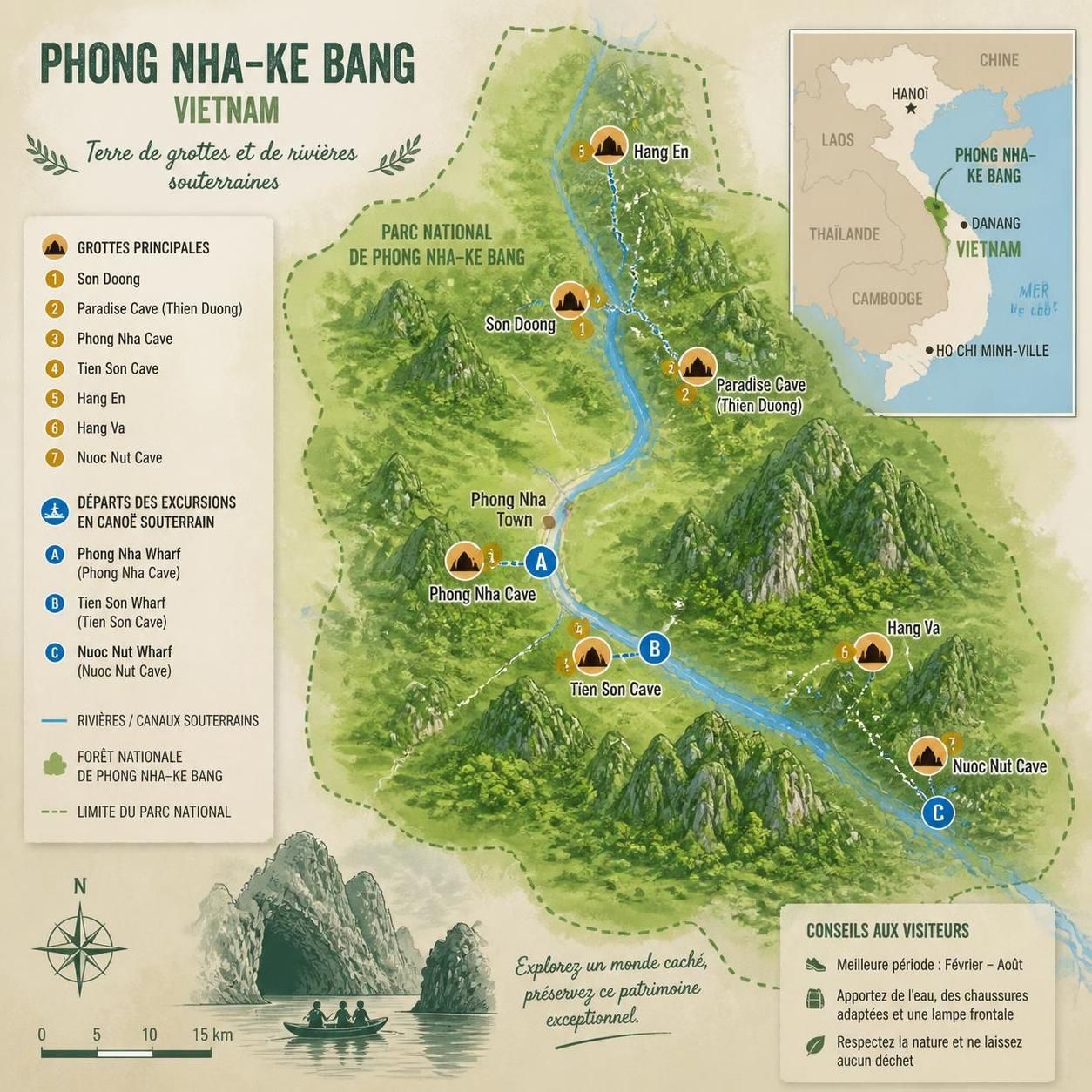 découvrez l'aventure unique du canoë souterrain à phong nha, glissez dans l'obscurité mystérieuse sous des concrétions millénaires pour une expérience inoubliable au cœur des grottes légendaires.