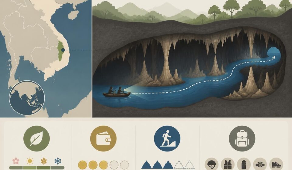 découvrez l'aventure unique du canoë souterrain à phong nha, naviguant à travers l'obscurité mystique sous des concrétions millénaires pour une expérience inoubliable.