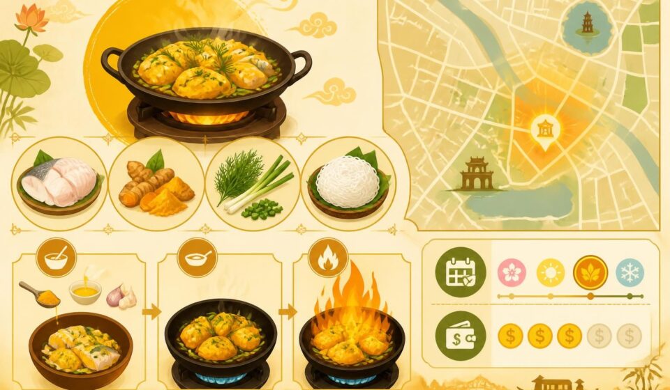 découvrez le chả cá lã vọng, ce poisson flambé au curcuma emblématique de la cuisine hanoïenne, alliant saveurs authentiques et tradition vietnamienne.