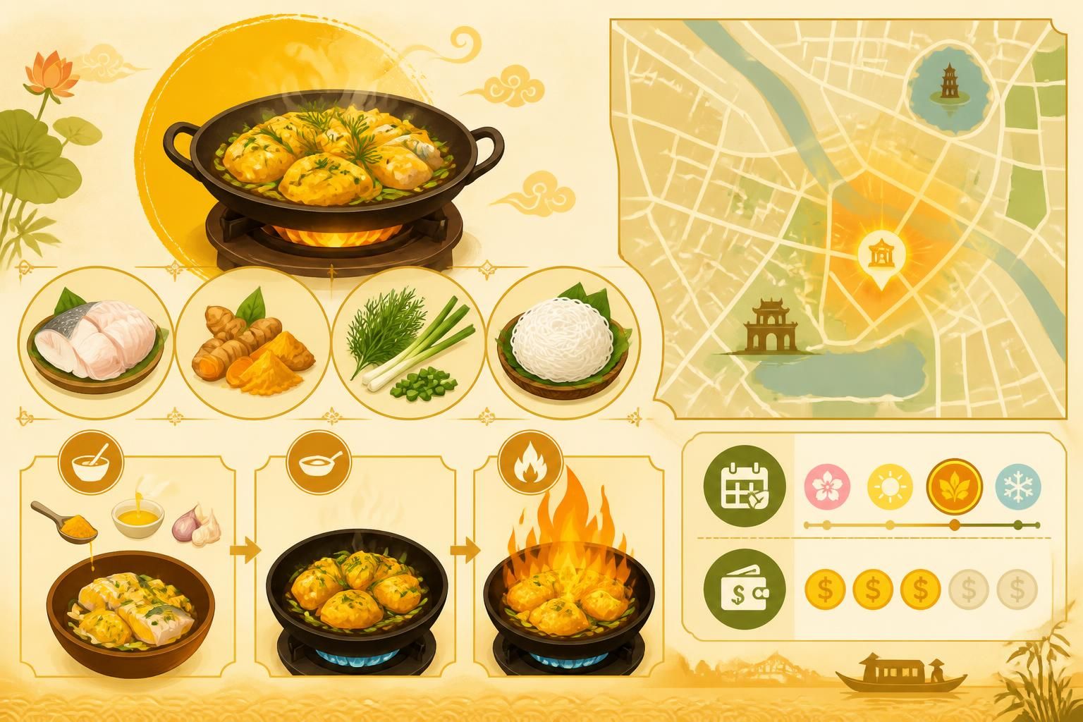découvrez le chả cá lã vọng, ce poisson flambé au curcuma emblématique de la cuisine hanoïenne, alliant saveurs authentiques et tradition vietnamienne.
