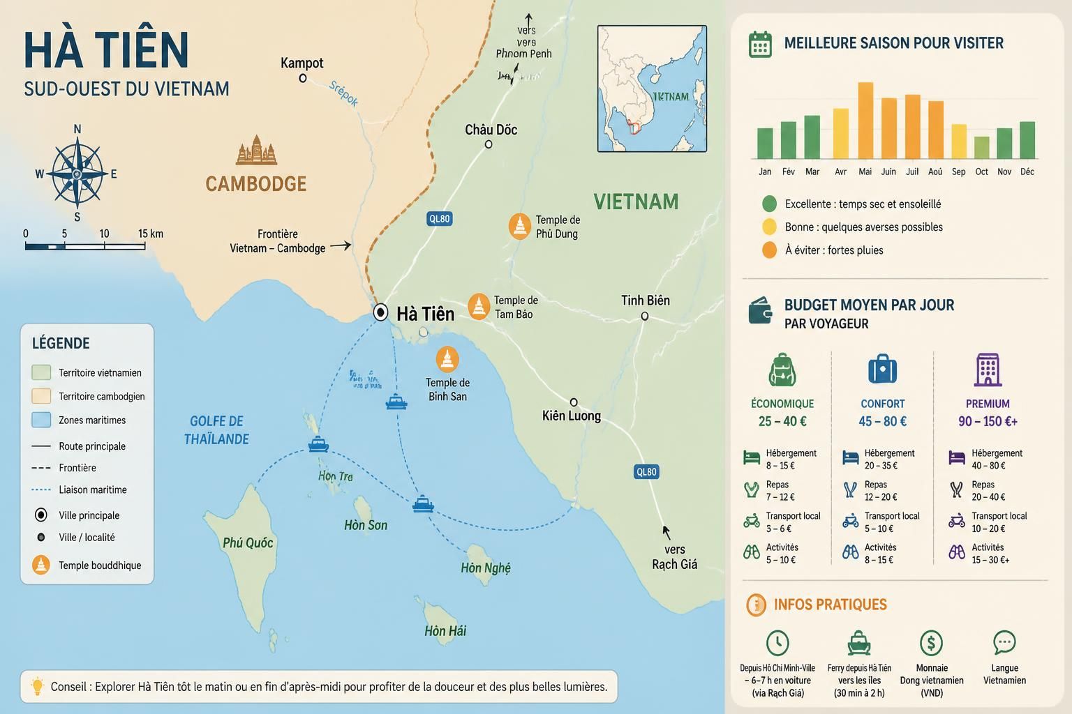 découvrez hà tiên, au bout du vietnam, où se mêlent îles paradisiaques et temples bouddhiques chargés d'histoire, à la frontière avec le cambodge.