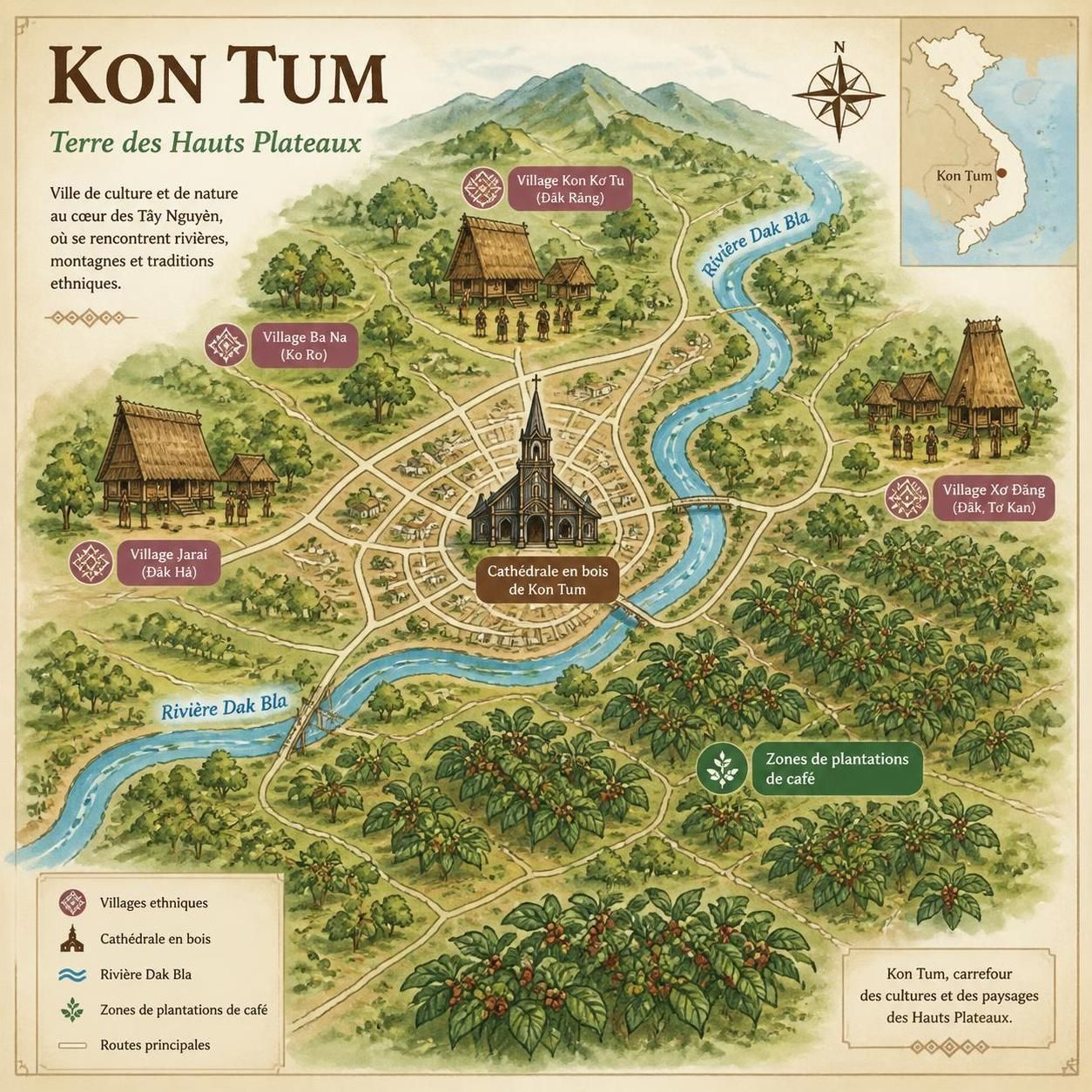 dĂ©couvrez kon tum, la ville des hautes terres au vietnam, oĂč se mĂȘlent traditions des minoritĂ©s bahnar, majestueuse cathĂ©drale en bois et cafĂ© sauvage authentique.