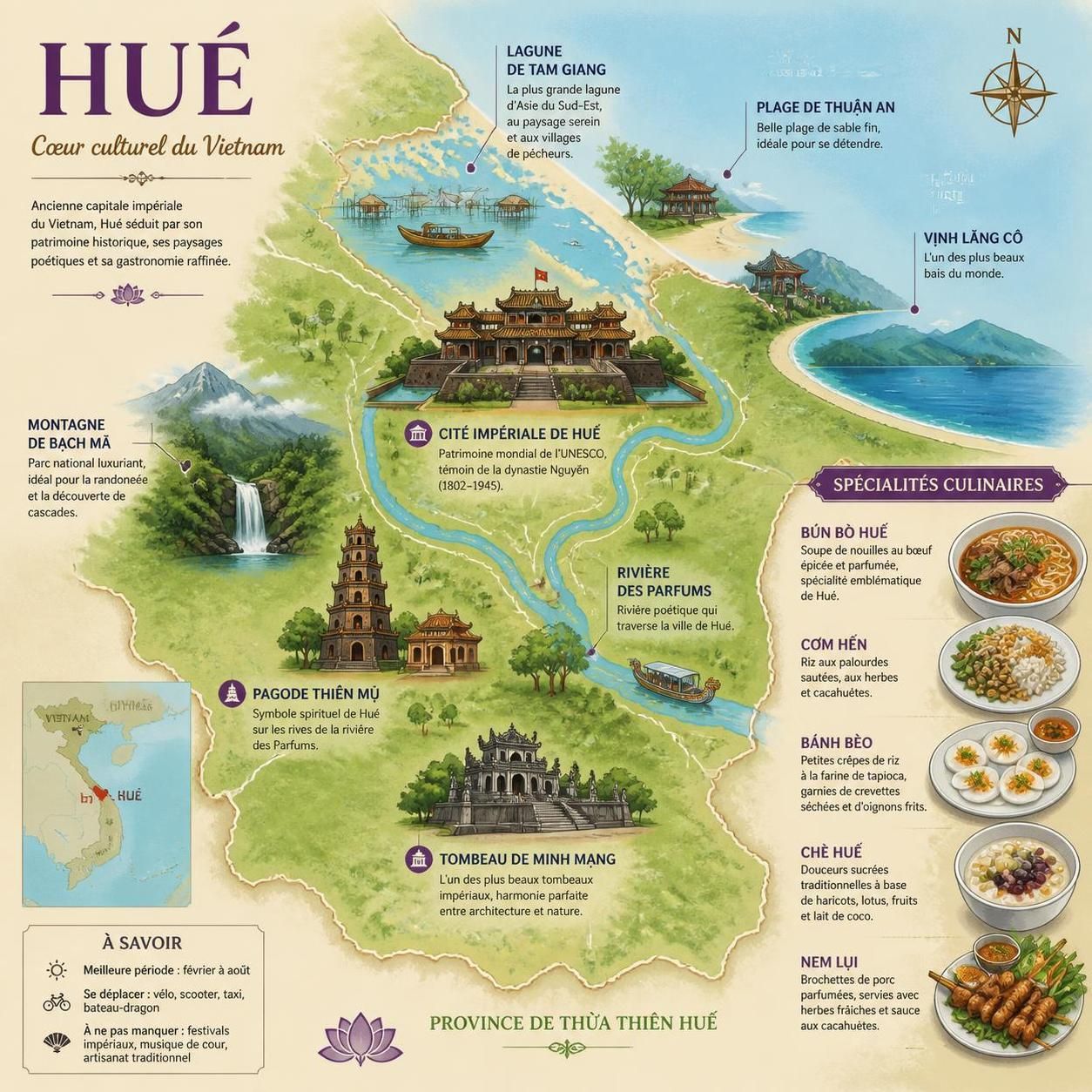 découvrez la cuisine de huế, célèbre pour ses plats royaux, épicés et parmi les plus élaborés du vietnam, alliant saveurs authentiques et traditions culinaires uniques.