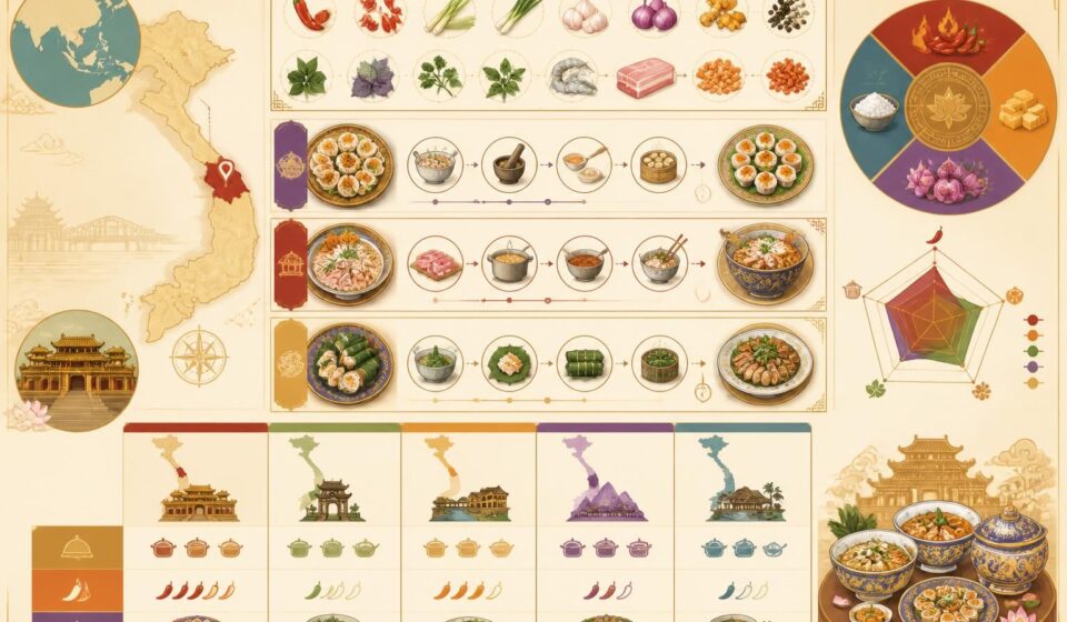 découvrez la cuisine de huế, célèbre pour ses saveurs royales, ses épices raffinées et ses plats délicats, reflet de la richesse culturelle et culinaire du vietnam.