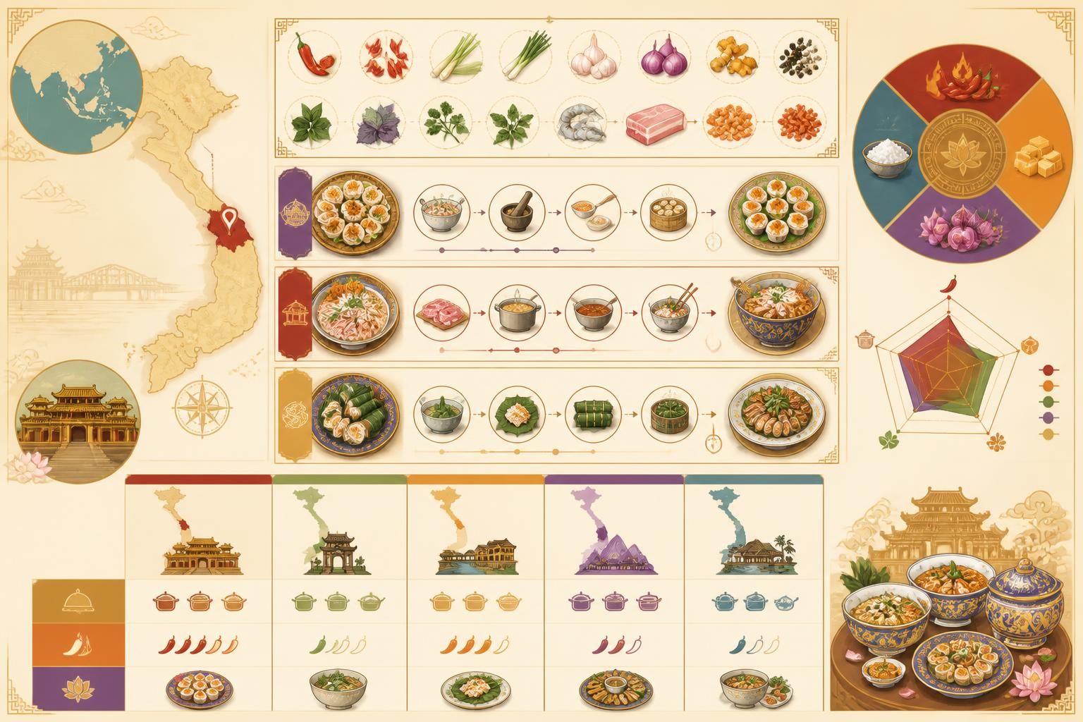 découvrez la cuisine de huế, célèbre pour ses saveurs royales, ses épices raffinées et ses plats délicats, reflet de la richesse culturelle et culinaire du vietnam.
