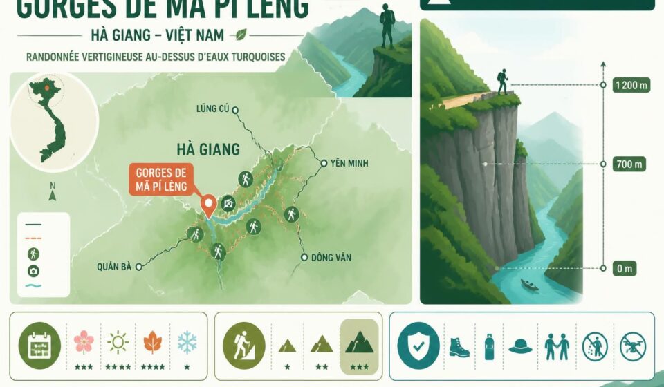 découvrez la gorge spectaculaire de mã pí lèng à hà giang, une randonnée vertigineuse offrant des vues imprenables sur des eaux turquoise et des paysages à couper le souffle.