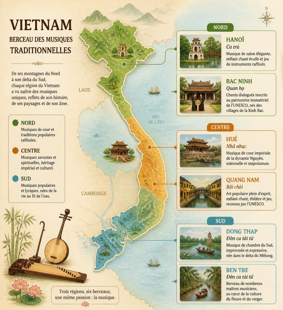 découvrez la musique traditionnelle vietnamienne à travers le đàn tranh, đàn bầu et le ca trù, un art rare que peu de voyageurs ont la chance d'entendre.