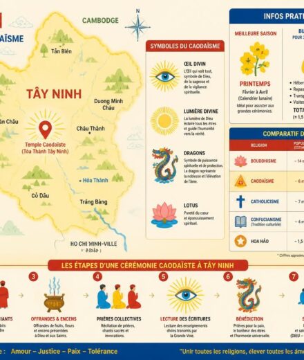 Le caodaïsme à Tây Ninh : la religion made in Vietnam et ses cérémonies spectaculaires découvrez le caodaïsme à tây ninh, une religion unique du vietnam, célèbre pour ses cérémonies colorées et spectaculaires alliant spiritualité et culture locale.