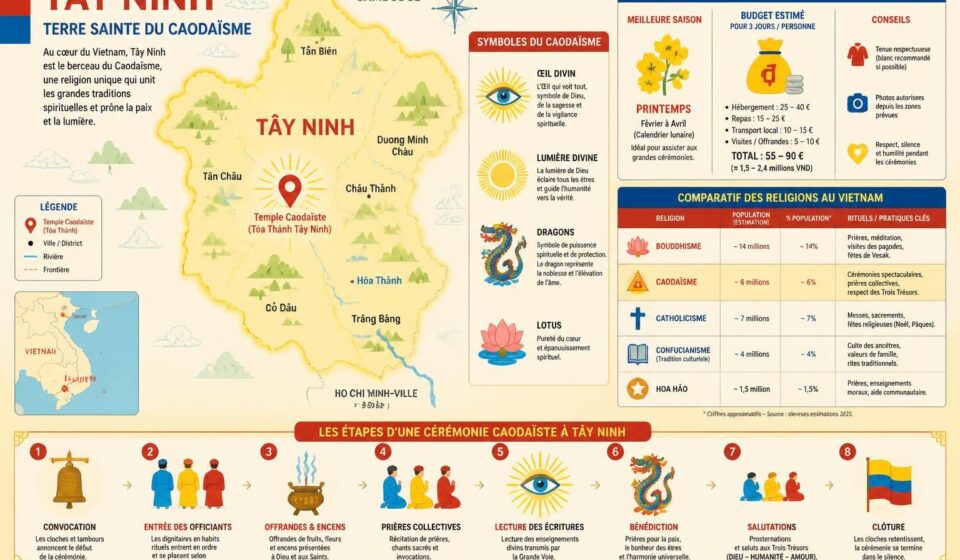 découvrez le caodaïsme à tây ninh, une religion unique du vietnam, célèbre pour ses cérémonies colorées et spectaculaires alliant spiritualité et culture locale.