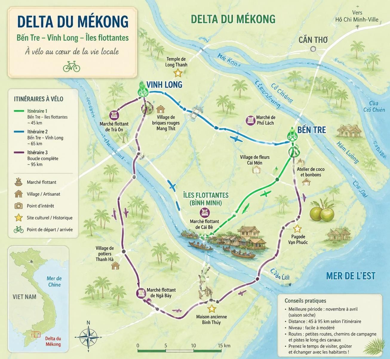 explorez le delta du mékong à vélo et découvrez une immersion authentique entre bến tre, vĩnh long et les îles flottantes, au cœur d'un paysage rural vibrant et préservé.