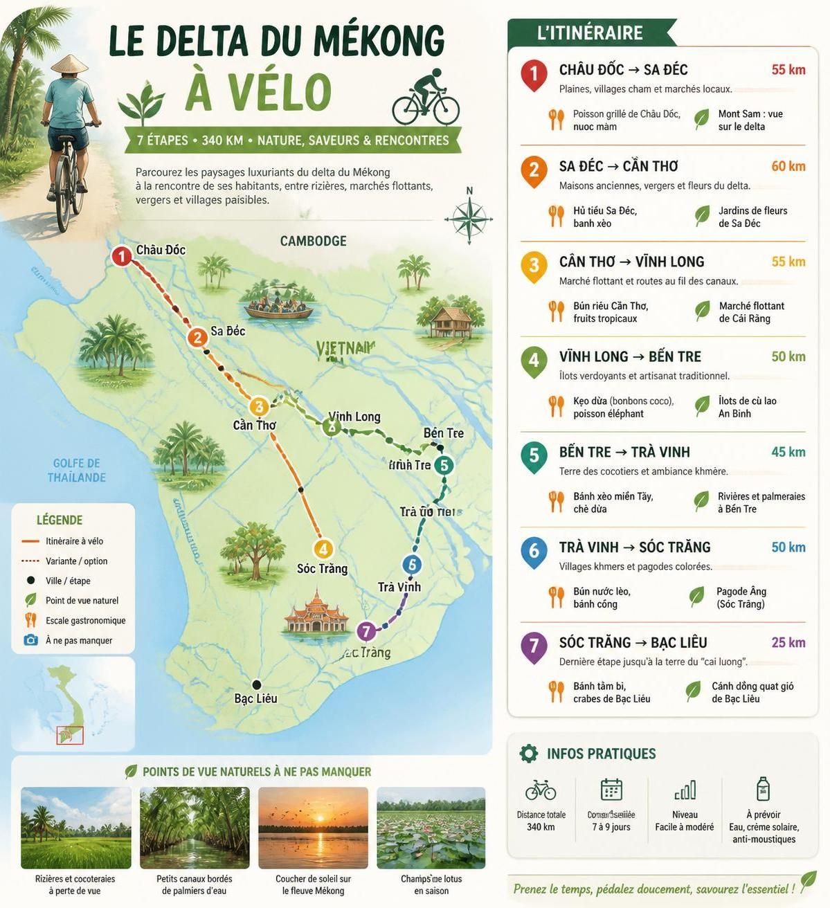découvrez le delta du mékong à vélo et vivez une immersion authentique entre les villages ruraux de bến tre, vĩnh long et les îles flottantes. une aventure unique au cœur de paysages pittoresques et d'une culture locale riche.
