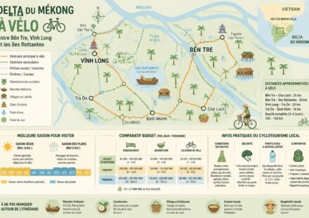 découvrez le delta du mékong à vélo, une immersion authentique entre bến tre, vĩnh long et les îles flottantes. explorez des paysages ruraux pittoresques et vivez une aventure inoubliable au cœur du vietnam.