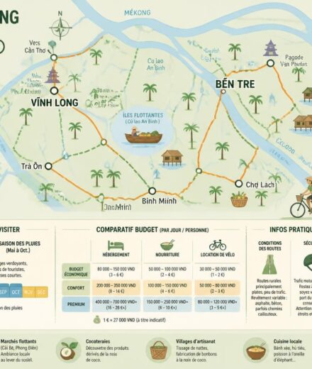 Le delta du Mékong à vélo : immersion rurale entre Bến Tre, Vĩnh Long et les îles qui dérivent découvrez le delta du mékong à vélo, une immersion authentique entre bến tre, vĩnh long et les îles flottantes. explorez des paysages ruraux pittoresques et vivez une aventure inoubliable au cœur du vietnam.
