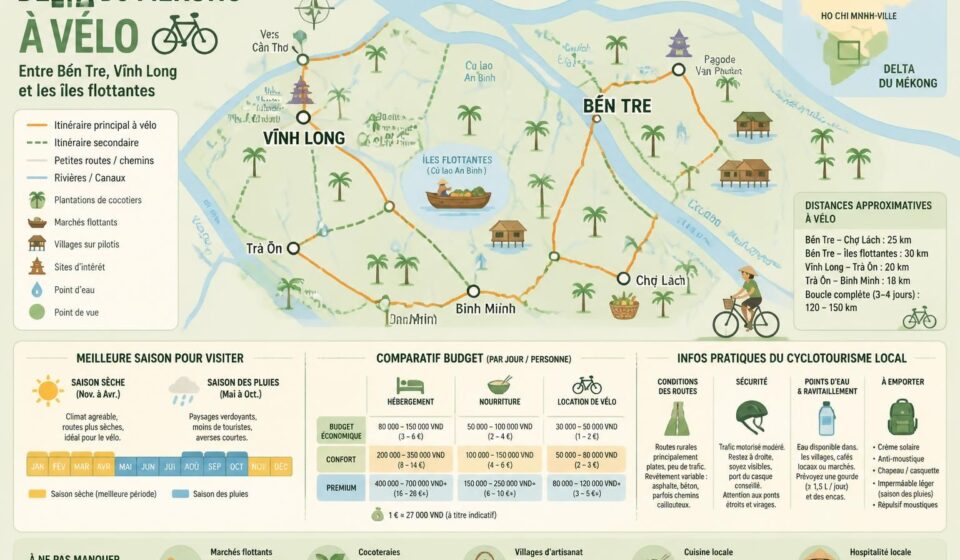découvrez le delta du mékong à vélo, une immersion authentique entre bến tre, vĩnh long et les îles flottantes. explorez des paysages ruraux pittoresques et vivez une aventure inoubliable au cœur du vietnam.