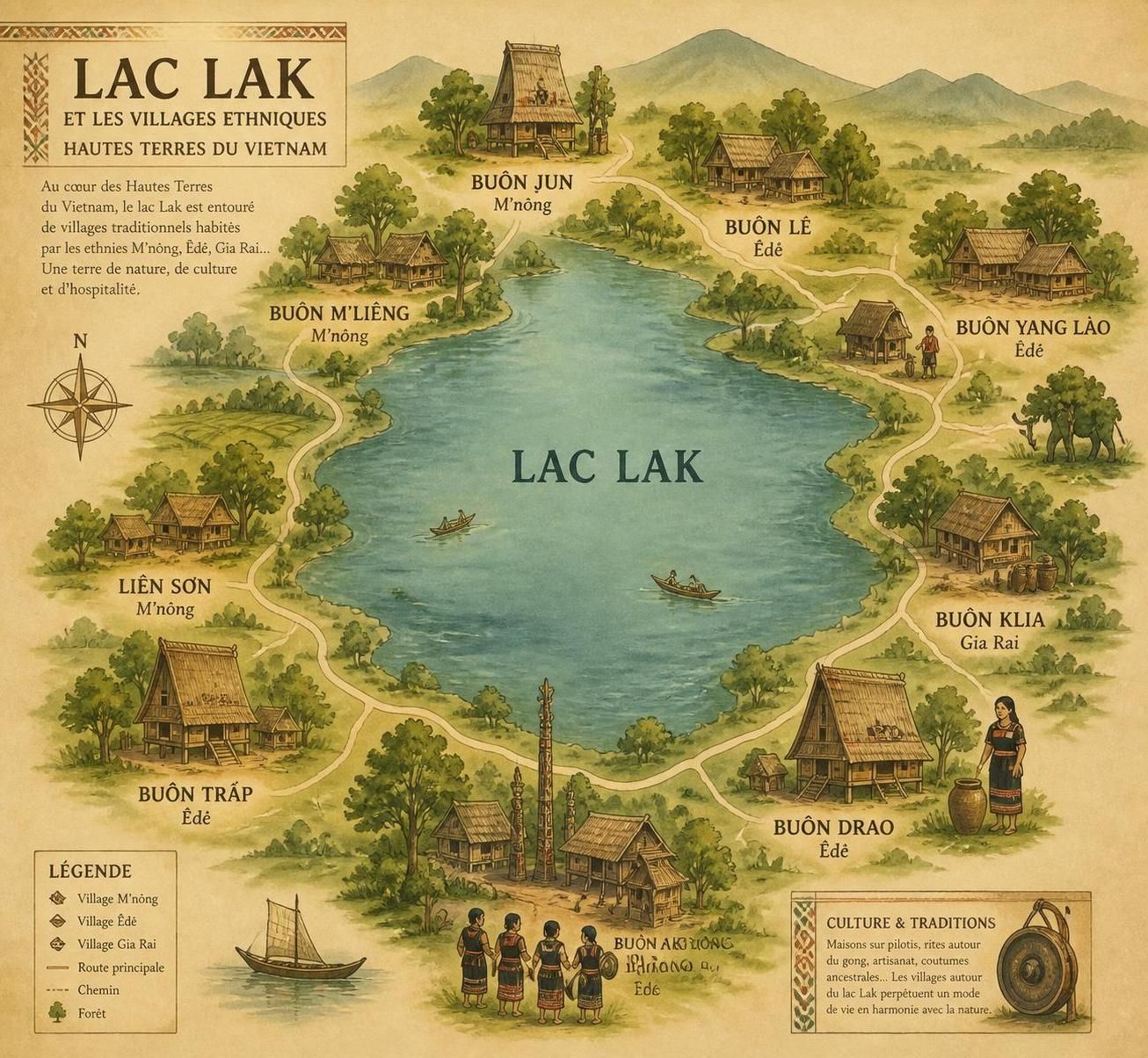 dĂ©couvrez une nuit inoubliable chez les m'nong au lac lak, au cĆur des hautes terres, oĂč Ă©lĂ©phants majestueux et paysages enchanteurs vous attendent.