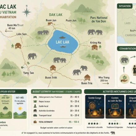 Le lac Lak et les éléphants des Hautes Terres : une nuit chez les M’Nong découvrez une nuit magique chez les m'nong autour du lac lak, au cœur des hautes terres, où les éléphants majestueux vous invitent à vivre une expérience unique et authentique.