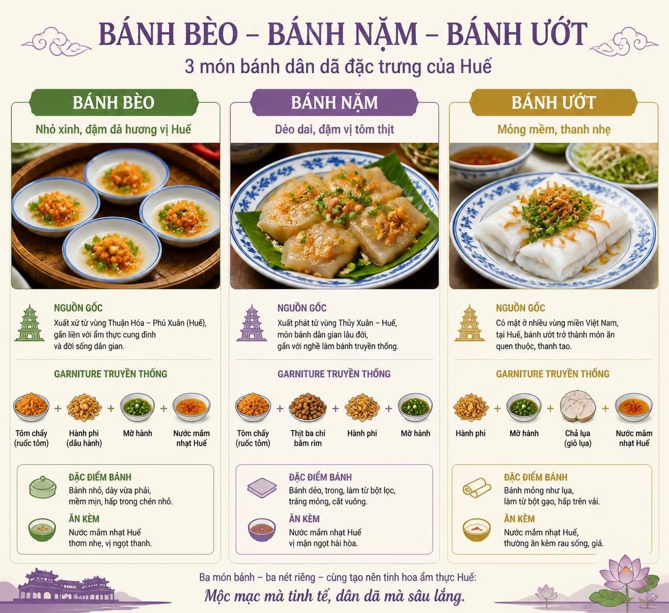 découvrez les bouchées vapeur traditionnelles de huế : bánh nặm, bánh bèo, bánh ướt, symboles de la cuisine délicate et raffinée de la cour impériale vietnamienne.