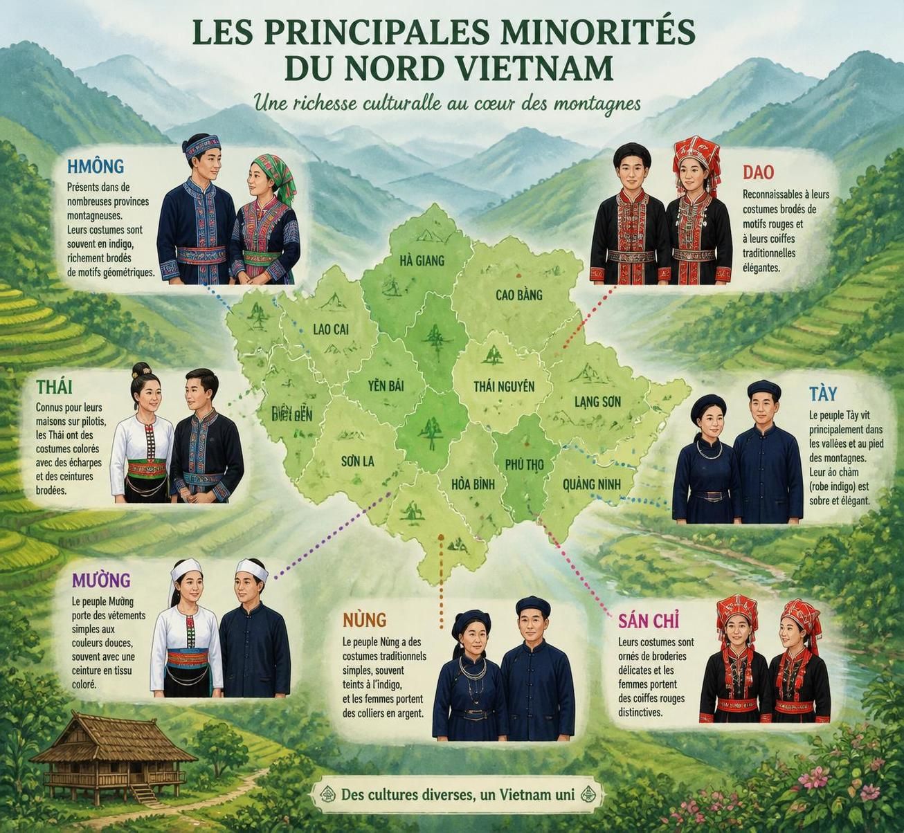 découvrez les costumes traditionnels des minorités du nord vietnam : apprenez à identifier les groupes ethniques et à décrypter la richesse de leurs broderies artisanales.