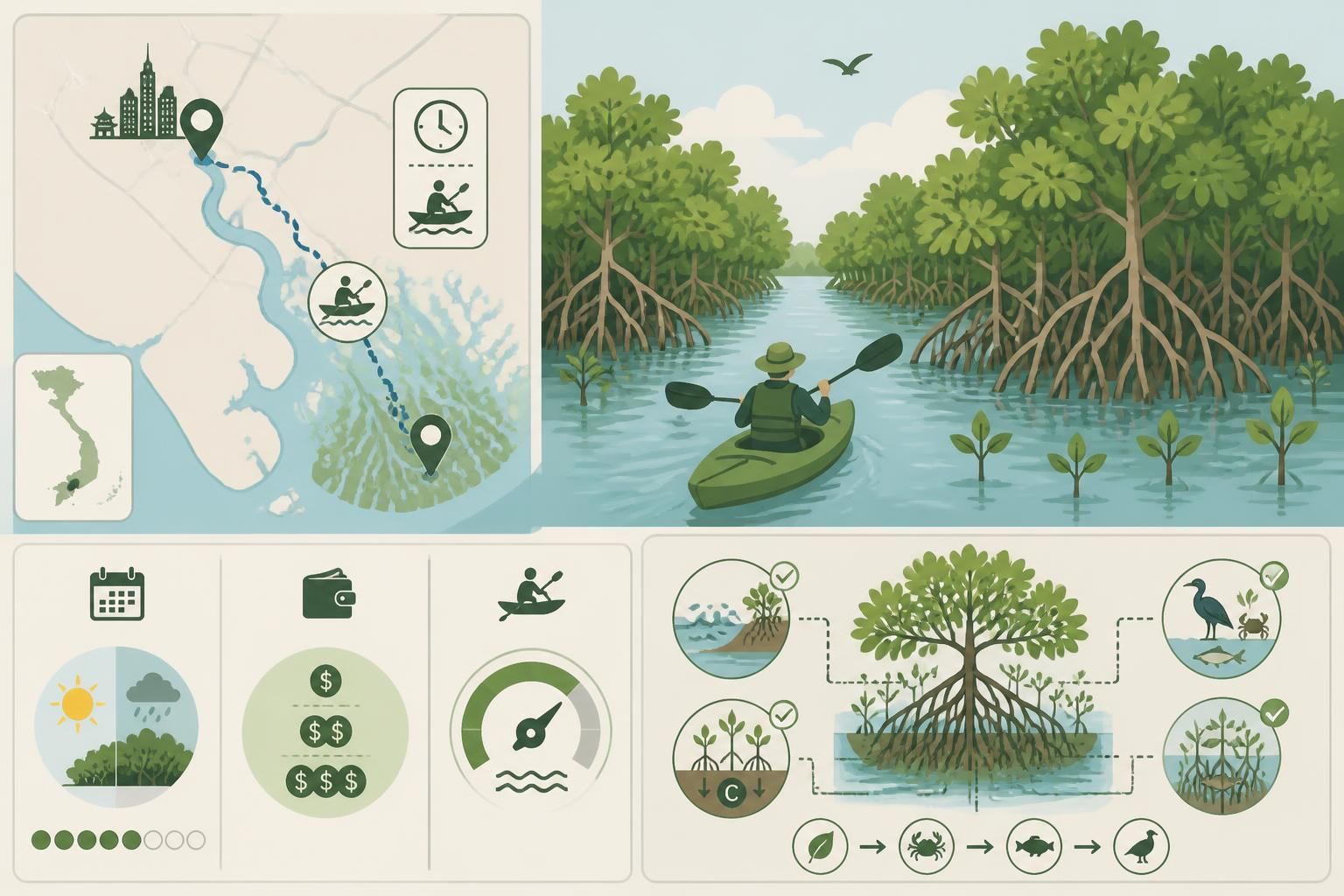 explorez les mangroves de cần giờ en kayak, une forêt aquatique unique située à seulement une heure de saïgon. découvrez une nature préservée et une aventure inoubliable au cœur d'un écosystème exceptionnel.